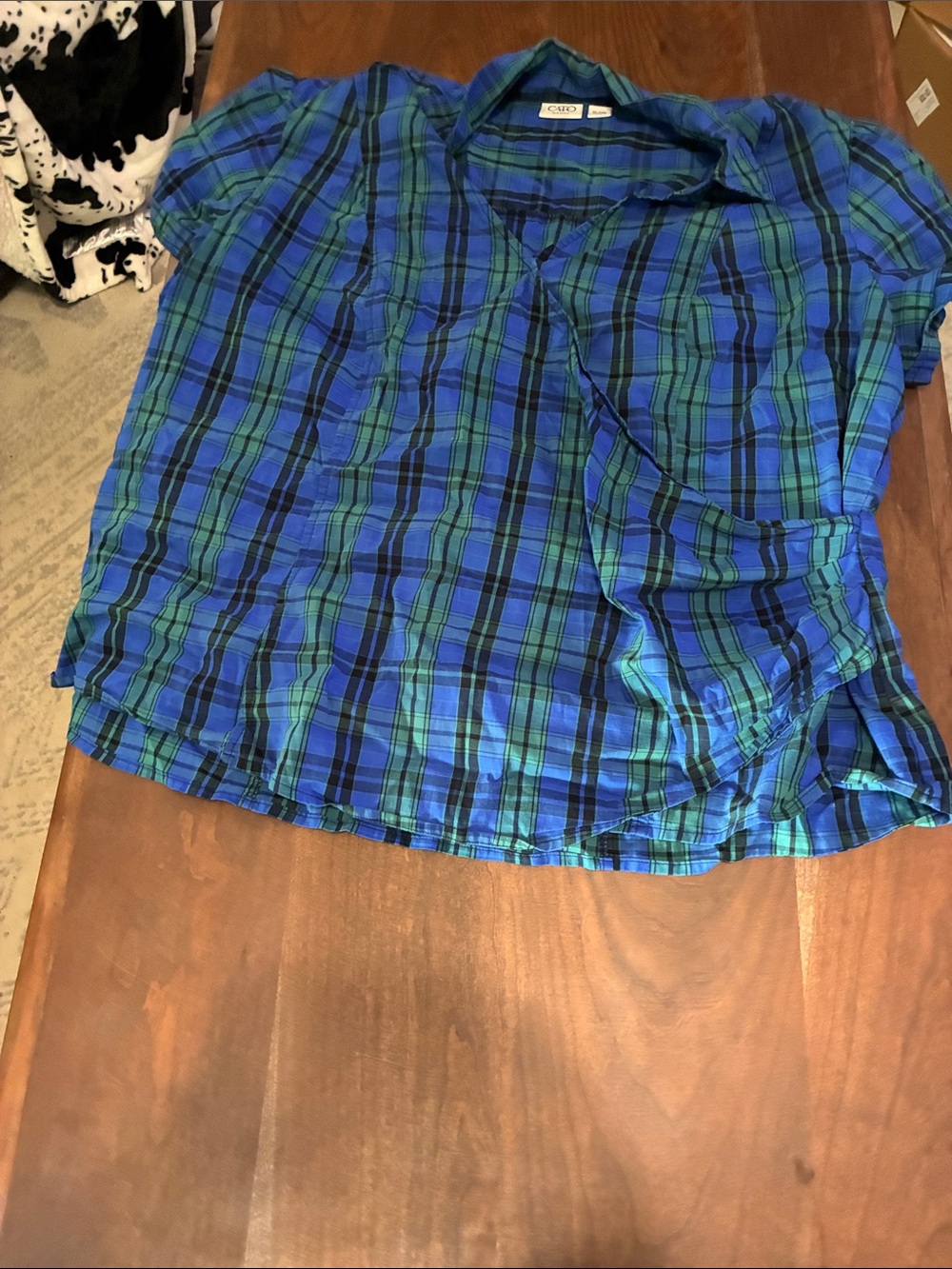 Cato Blue and Green Plaid Short-Sleeve Blouse
